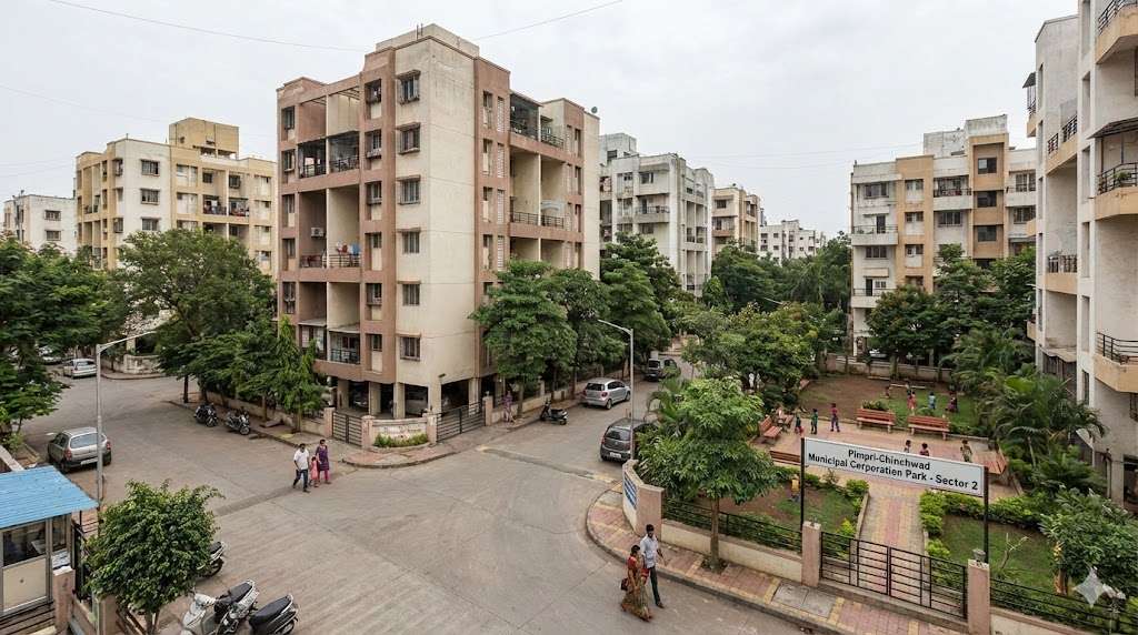 flats in chinchwad showing residential apartment buildings in established neighbourhood