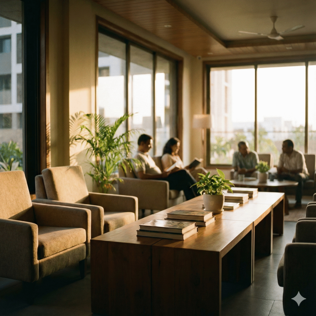 Community lounge area for residents of 3 BHK apartments at 18 Altitude Chinchwad with comfortable seating and warm interiors