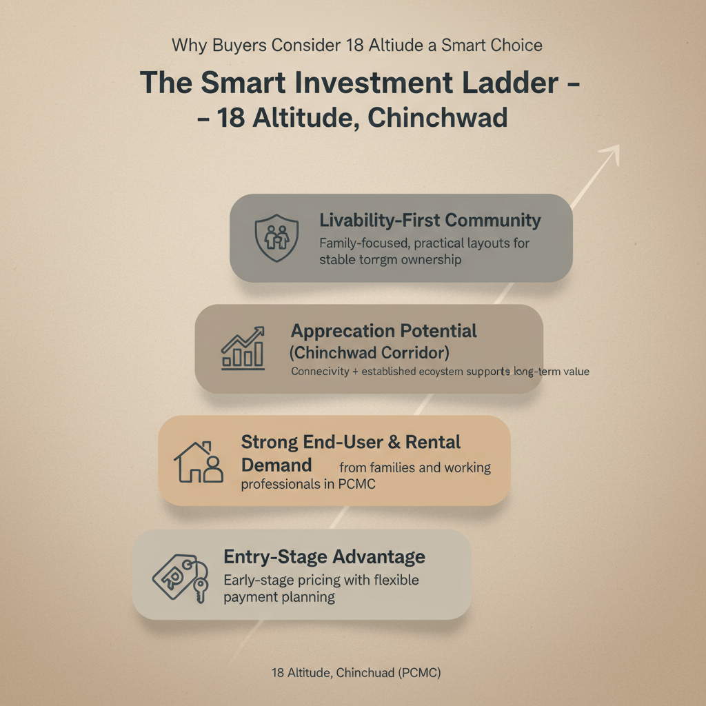 Infographic showing smart investment ladder for 2 and 3 BHK apartments in Chinchwad PCMC at 18 Altitude, highlighting entry-stage advantage, rental demand, appreciation potential and family-focused living