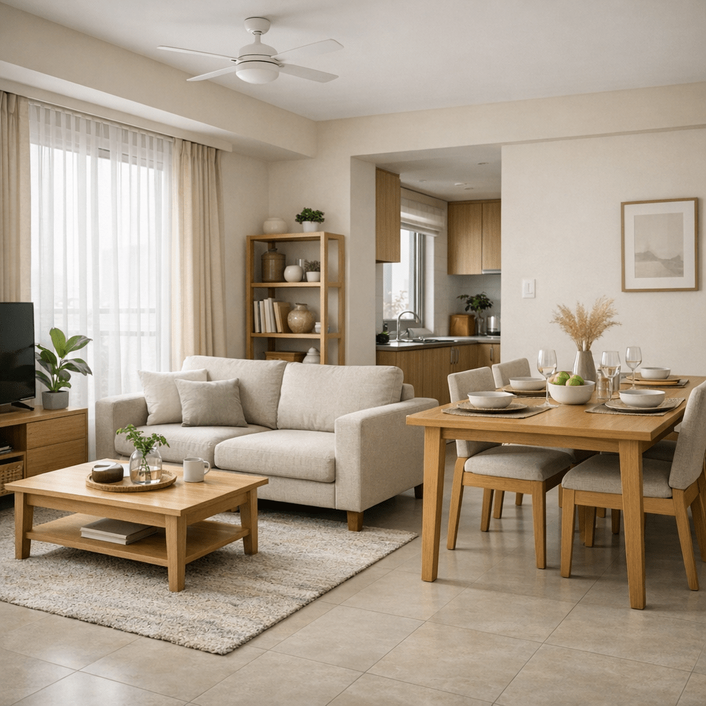 Open living and dining space in a 2 BHK apartment at 18 Altitude Chinchwad with modern interiors