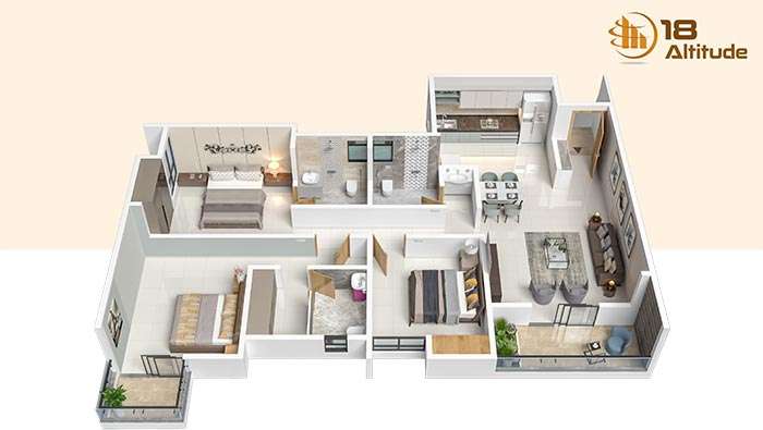 Detailed 2 BHK unit layout showing room dimensions and space planning in Chinchwad PCMC at 18 Altitude